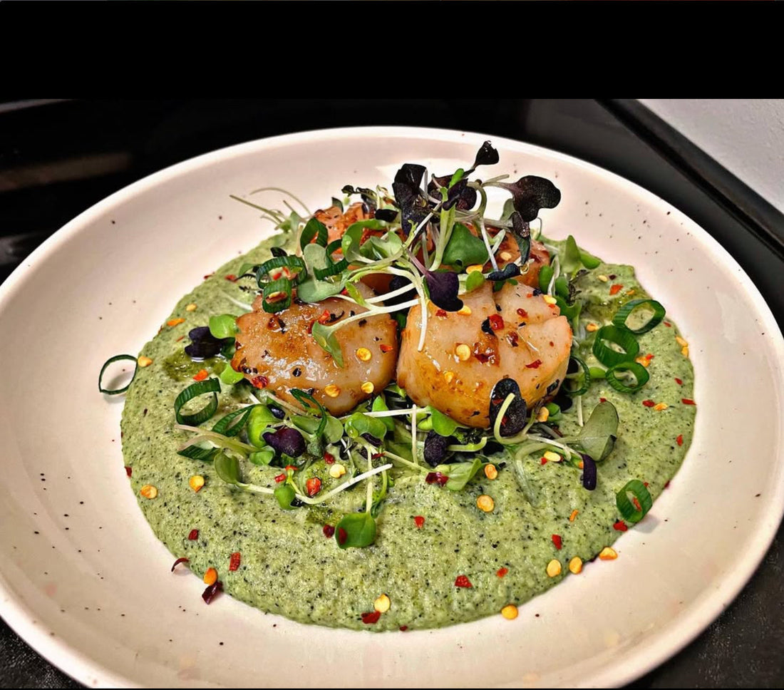 The Hawt Scallop w Broccoli Purée + Scorch Honey